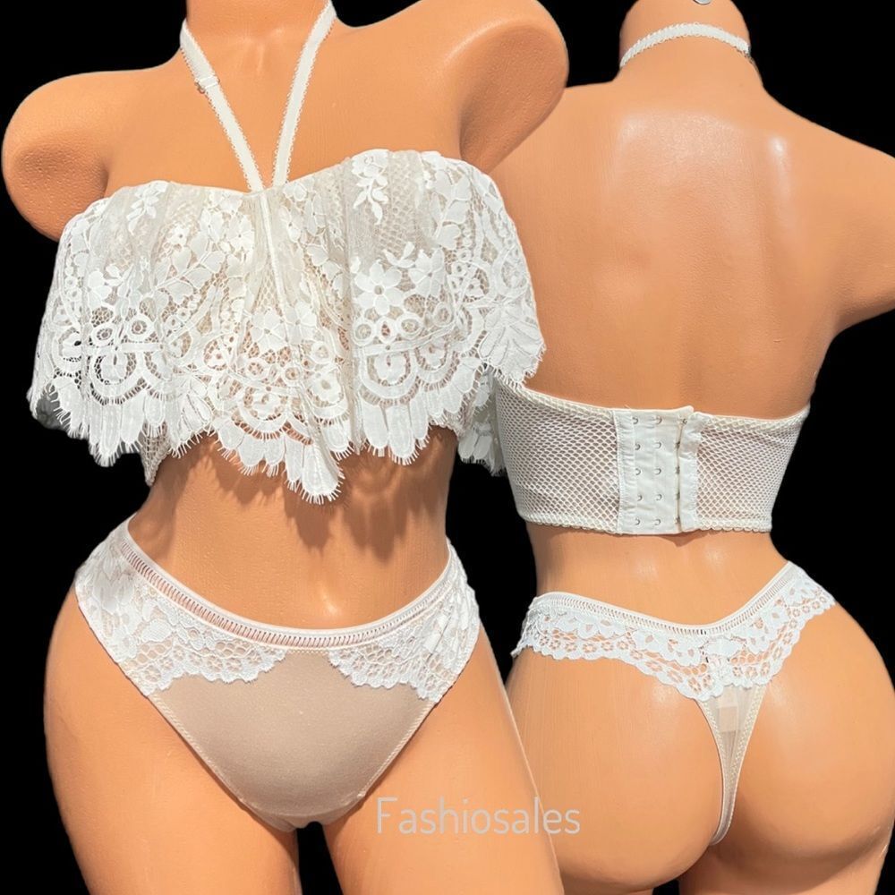 Victorias Secret Set Dream Angels Strapless Flounce bra & Thong Coconut White